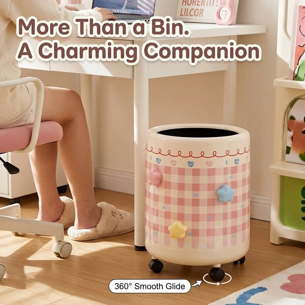 10L Cute Star Decor Movable Trash Can Large Capacity Double Layer Waste Bin  Wheels Kitchen Bedroom Bathroom Living Room Decor