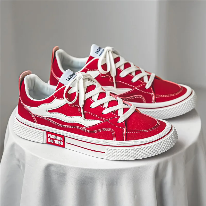 Baskets Classiques en Toile Noire pour Homme, Chaussures Canisées à Lacets, Respirantes, Rouges, pour Skateboard, Espadrilles