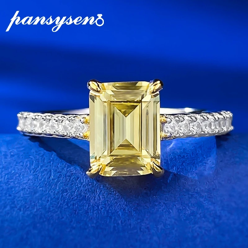 

PANSYSEN 100% 925 Sterling Silver 1.5CT Emerald Cut Citrine Gemstone Ring for Women 18k White Gold Plated Cocktail Party Jewelry