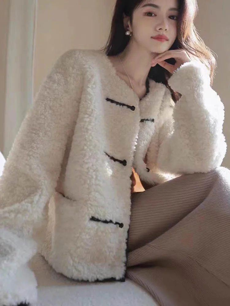 Casacos soltos grossos de pele sintética moda coreana o pescoço único breasted jaquetas femininas elegantes manga longa lã de cordeiro chaquetas novo