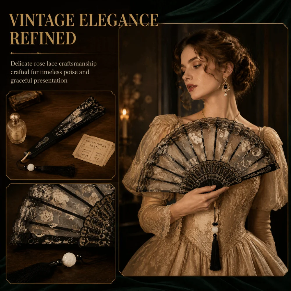 4pcs Durable Black Hand Fan Plastic Frame Lace Folding Fan Folding Tassel Handheld Fan Summer Outfit Stage Performance