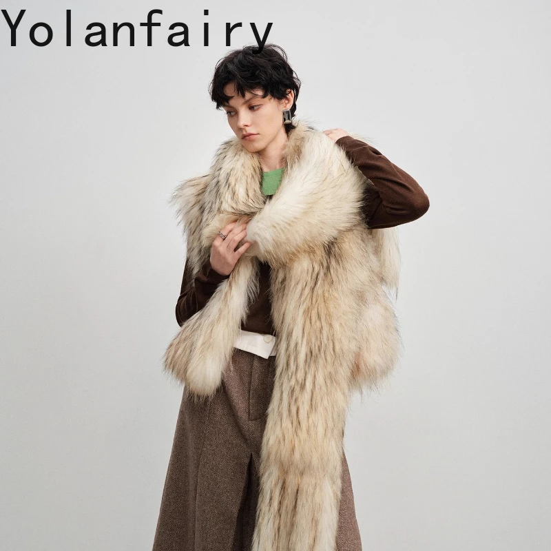 욜란페어리 리얼 라쿤 퍼 베스트 여성용 겨울 브레이디드 슬리브리스 스트레이트 튜브 스타일 숏 길이 퍼 코트 여성용 코트 2025