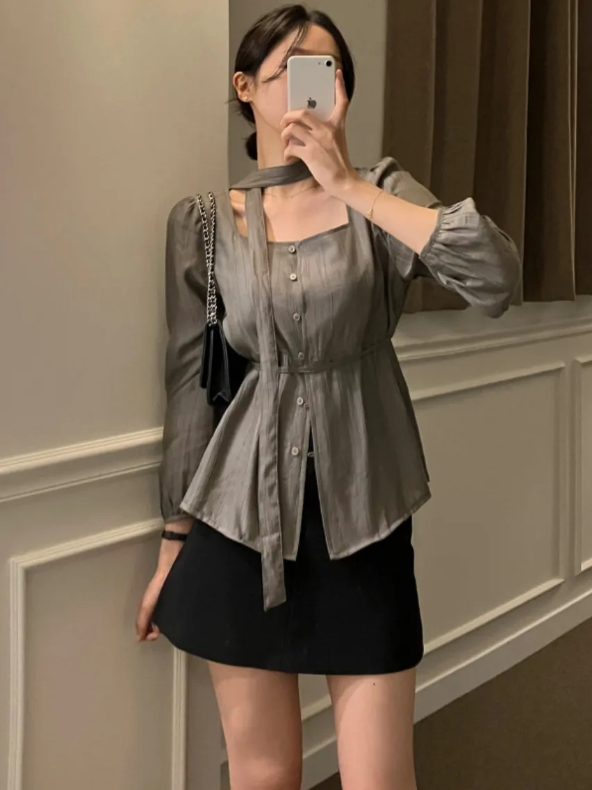 Ele Long Sve Loose da donna con colletto quadrato irt Abbigliamento interno Top Design dimagrante Primavera Autunno Faion Commute Sle