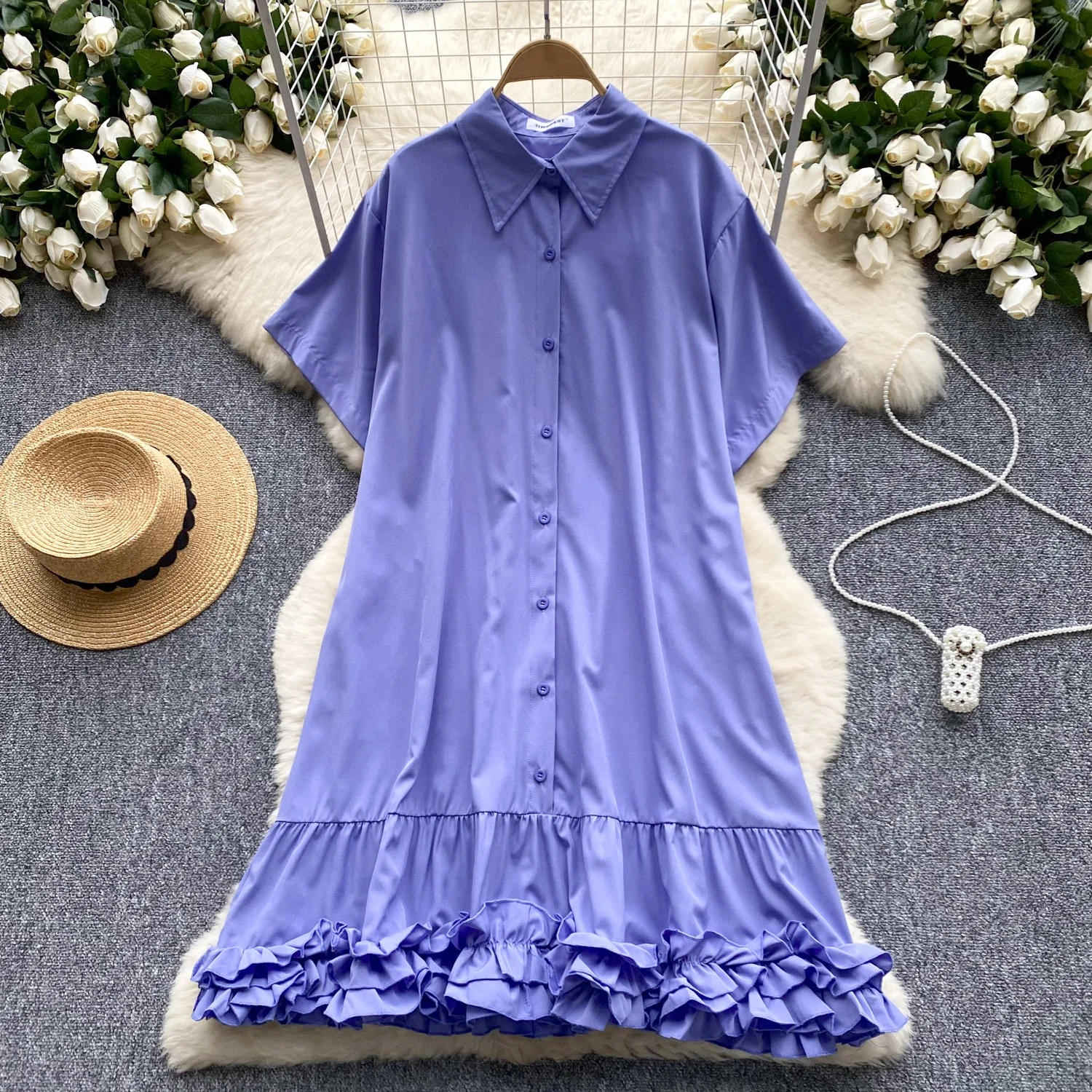 Clothland Women Sweet Ruffle Shirt Dress Short Sleeve Single Breasted One Piece Female Chic Midi Dresses Vestido QD792