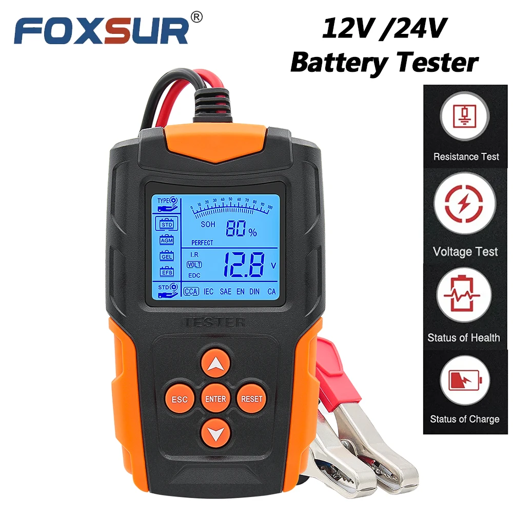

FOXSUR 12V 24V FBT200 Smart Car Battery Tester Universal LCD Battery Analyzer Test Tool Digital Analyzer For Car Motorcycle