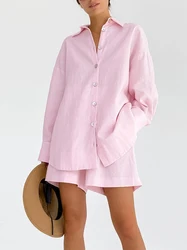 Traje de Casa de lino y algodón para mujer, pantalones cortos anchos con camisa, chándal informal, Conjunto de pijama de 2 piezas, color rosa, primavera, 2024