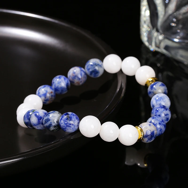 JD Natural Blue Dots Stone White Chalcedony Mixed Bracelets Women Fashion Personality Design Simple Temperament Stretch Bracelet