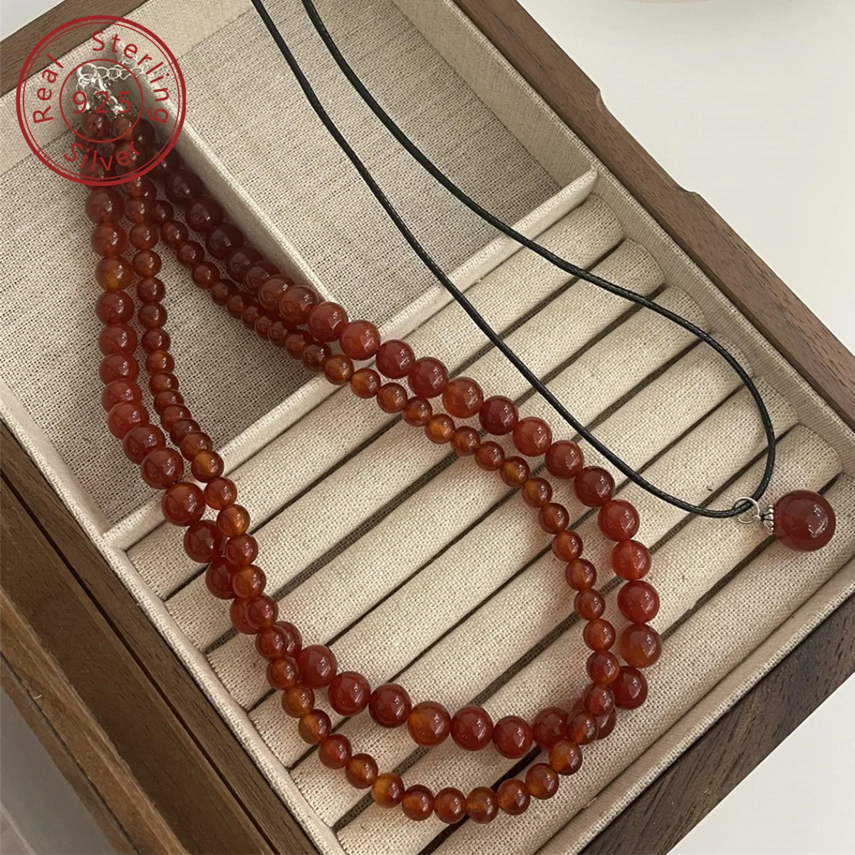 925 silver natural red agate necklace set, simple and generous, versatile for daily commuting, Korean ins style