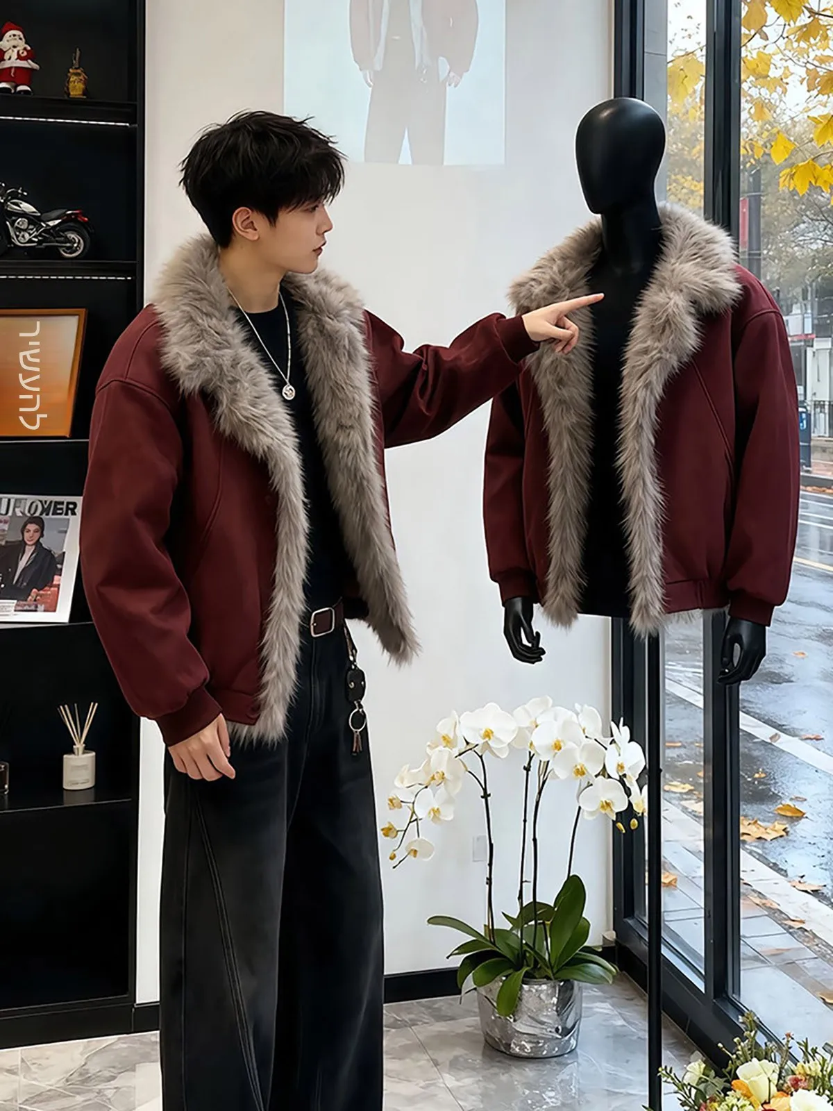 Red Suede  Fur Lined Thickened Short Cotton Jacket Men's Winter Warm Outerwear Casual Style Zipper Closure Long Sleeve Coat