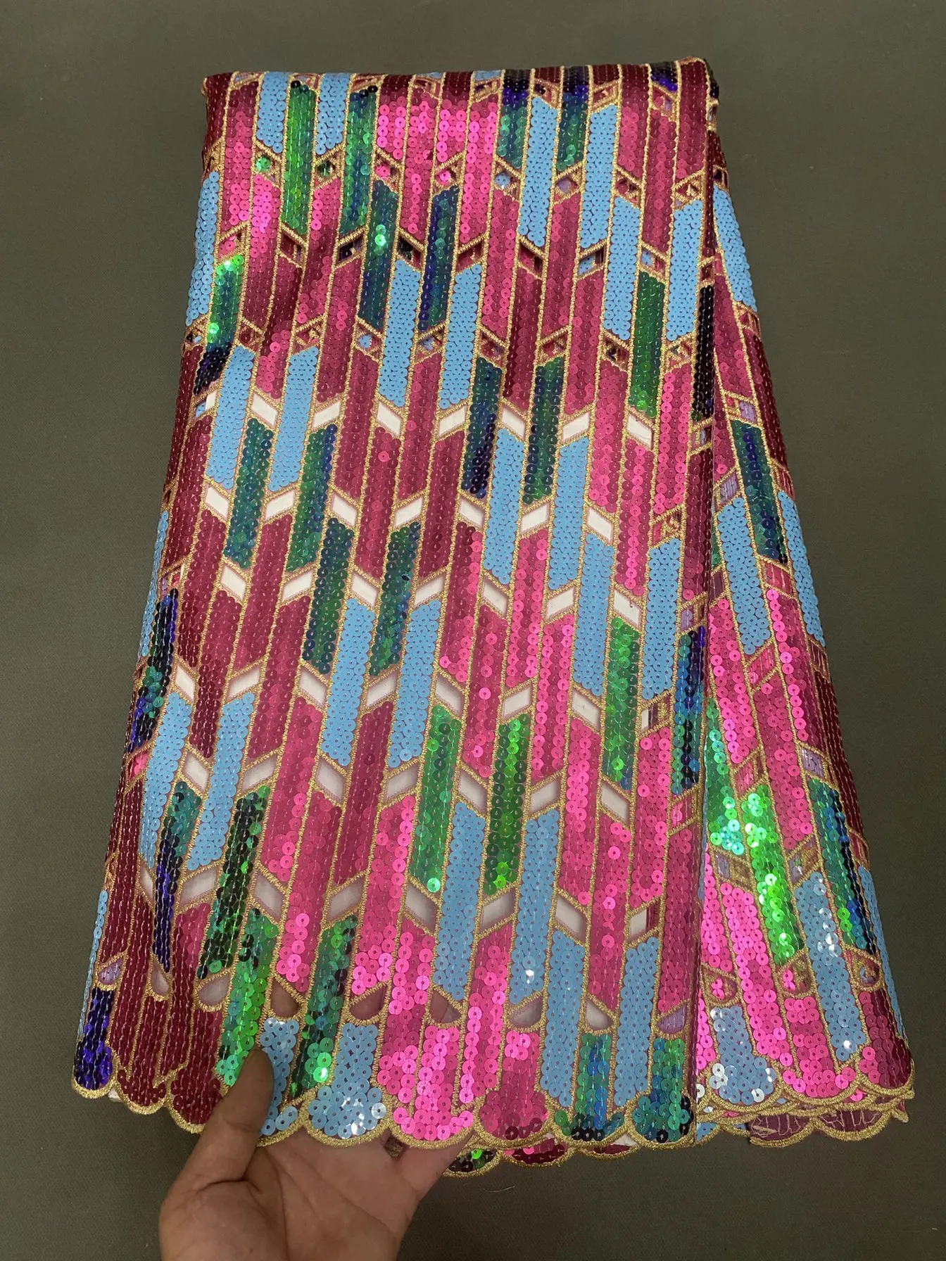 Red African Multi Color Shiny Tulle Lace Fabrics Nigerian Handcut Lace Fabrics Embroidery Organza Sequins Lace Materials M774-1