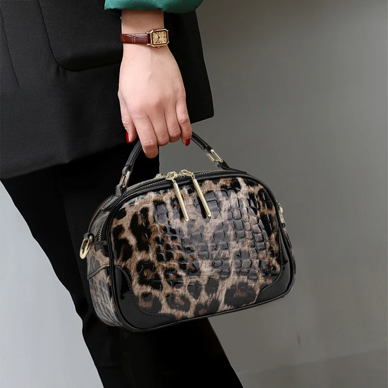 Aidani Genuine Leather Leopard Print Crossbody & Top-Handle Bag for Women, New 2026 Style, Large Capacity Shoulder Round Bag