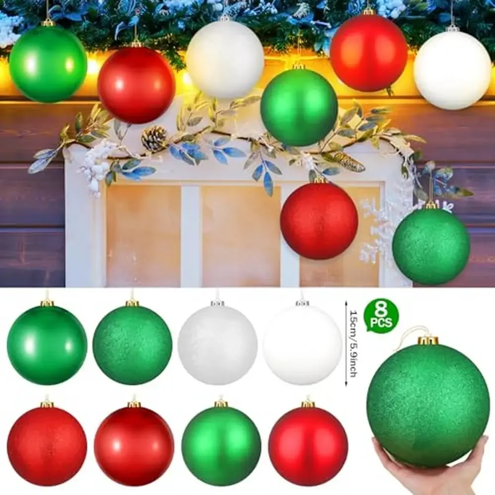 Large 6 Inch Christmas Ball Ornaments Set of 8 Giant Jumbo Shiny Ornament Balls in Red Green White Waterproof & Sturdy Outdoor