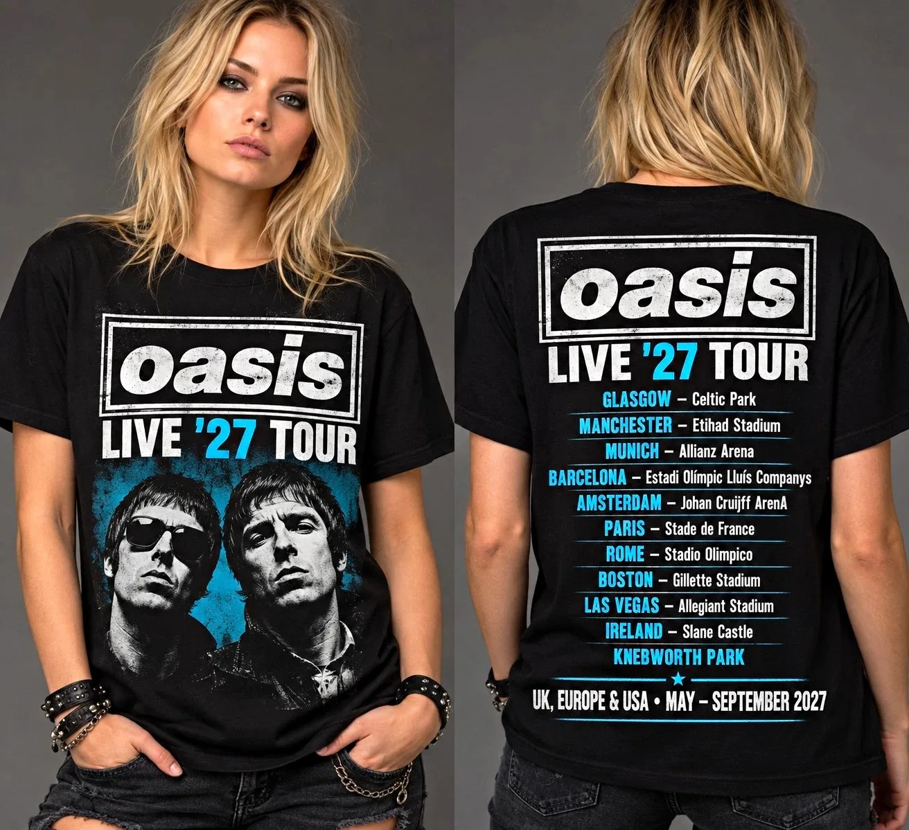 Oasis Live '27 Tour, schwarzes T-Shirt mit grafischem Aufdruck, unisex, Sommer 2026, für Herren und Damen, sportlich, atmungsaktiv, schnelltrocknend, Streetwear, Y2K-Stil. – Detail 3