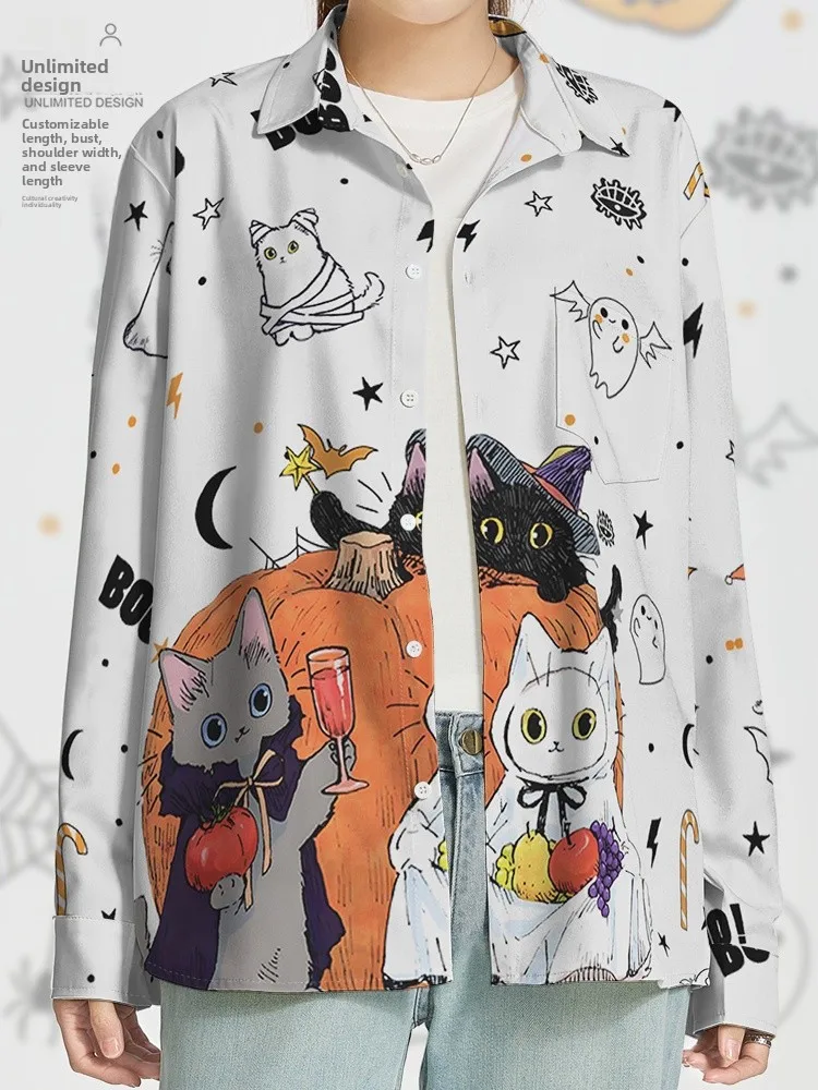 

Милый Хэллоуин Ghost fiti Long Sve irt Мужская женская повседневная смесь полиэстера прямого кроя с принтом Микрострейч