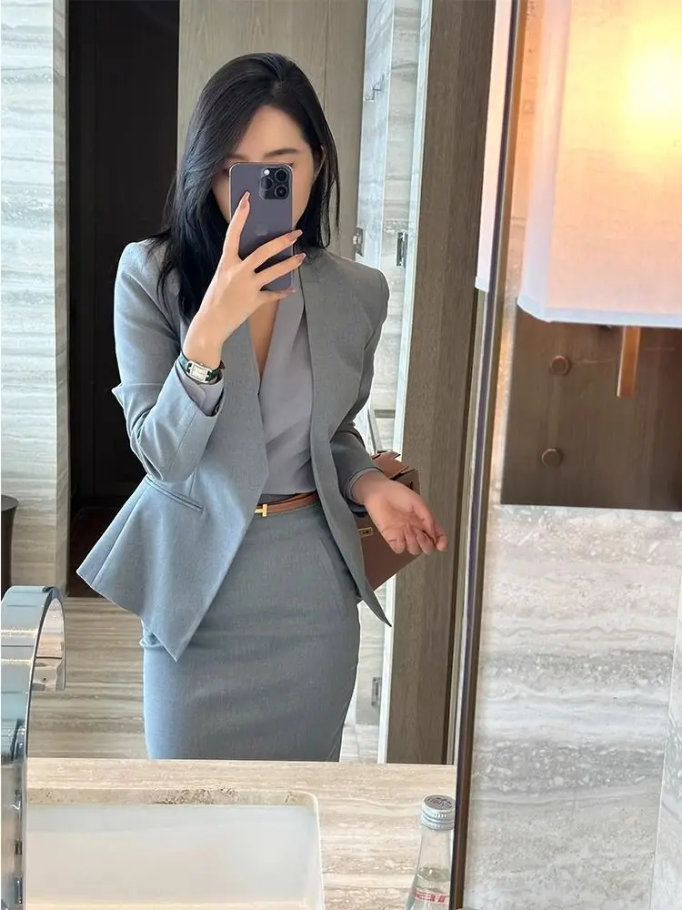 

Профессиональный женский костюм на осень-зиму, новый высококачественный серый деловой костюм, элегантный женский приталенный пиджак, юбка-миди, комплект из 2 предметов