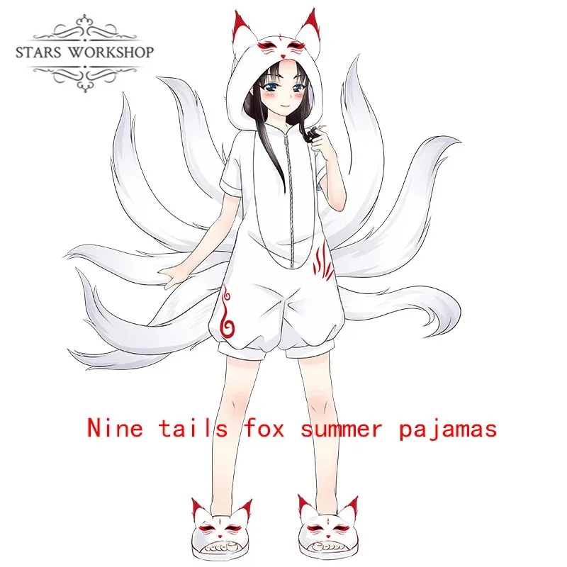 qq34Anime Cartoon Cosplay Costume Fox White Pajamas Adult Men Women Jumpsuits Summer Winter Flannel Home Sleepcoat view 2