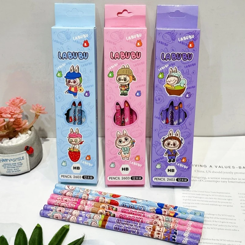 12pcs Labubu Cartoon Pencil Students Write and Draw HB Eraser Pencil Students Stationery School Supplies Fashion Holiday Gifts