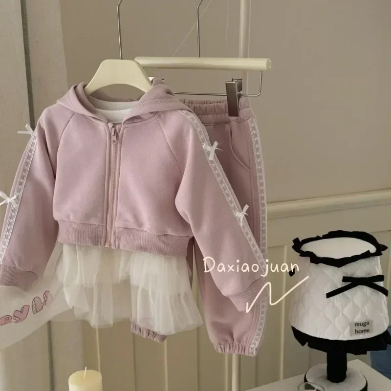 Boutique 2024 Kids Fall Winter Clothes Baby Girls Kawaii Lace Bow Hoodie and Sweatpants 2 Piece Set Princess T-shirt Dress Tutu