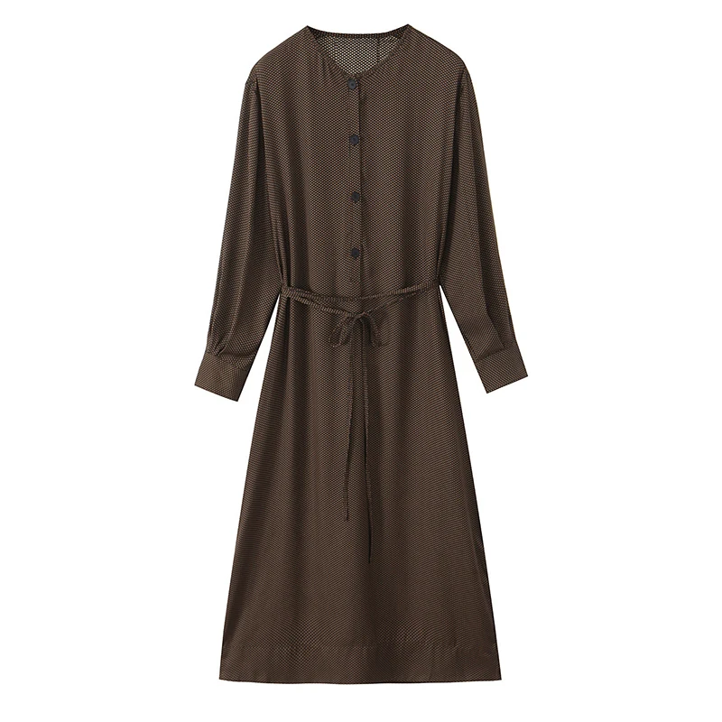 

YENKYE женское винтажное платье в горошек с поясом макси-платье с длинным рукавом и круглым вырезом повседневное свободное платье женские платья