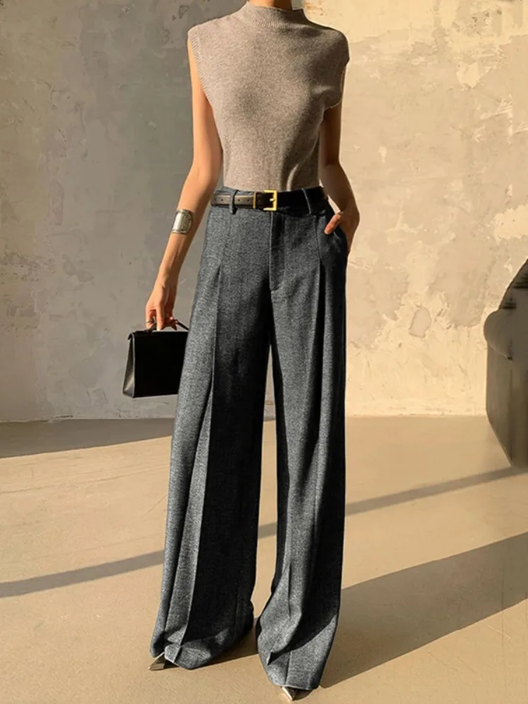 Yeezzi Women's Grey Business Casual Suit Pants 2025 New Fashion Elastic High Waist Wide Leg Loose Pleated Belt Trousers Bottoms