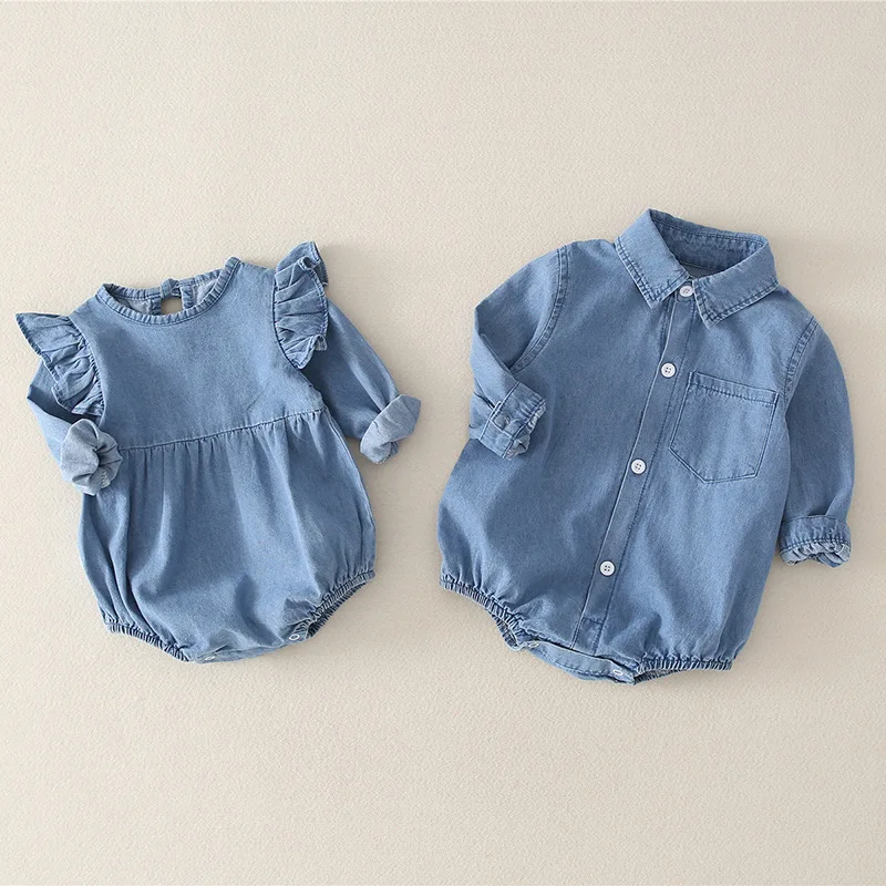 

Baby Jumpsuit Spring and Autumn Baby Girl Denim Shirt Style Outer Wear Triangle Crawler Suit