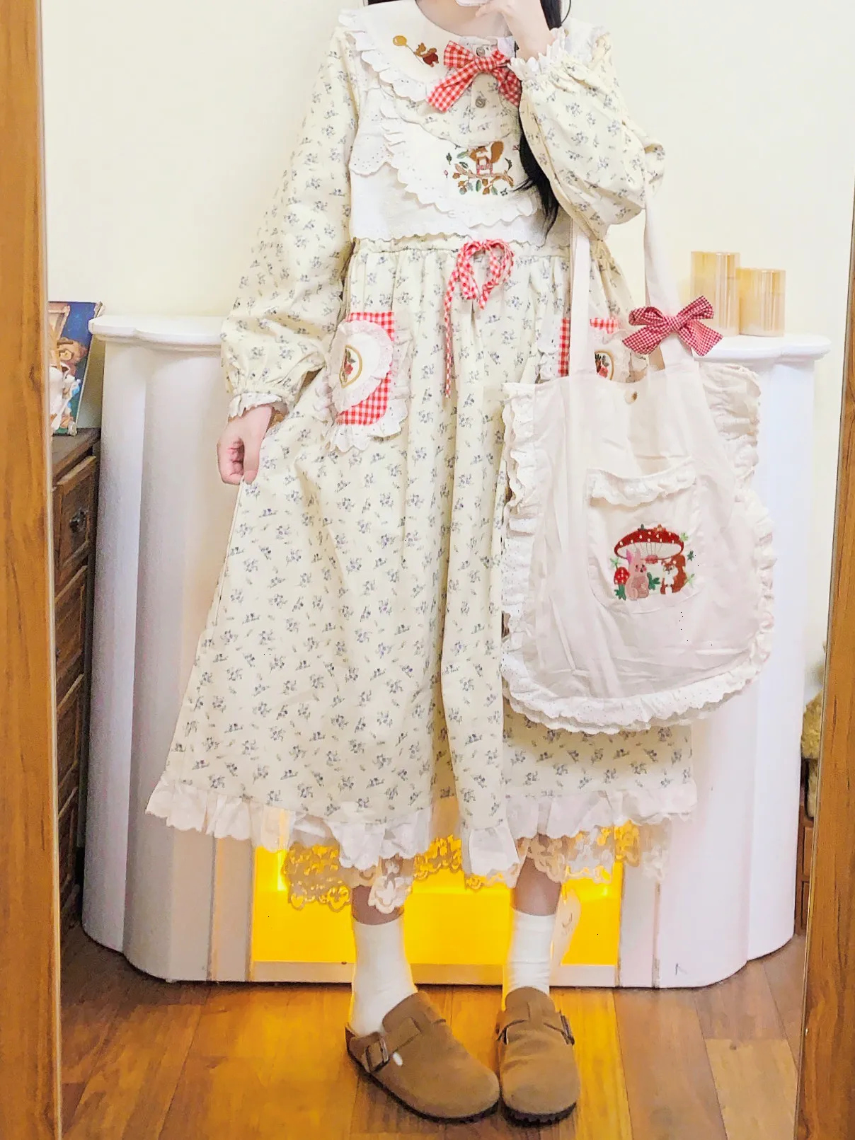 Autumn Sweet Corduroy Patchwork Lace Kawaii Long Dress Women Vintage Retro Chic Cottagecore Goblincore Lolita Evening Midi Dress