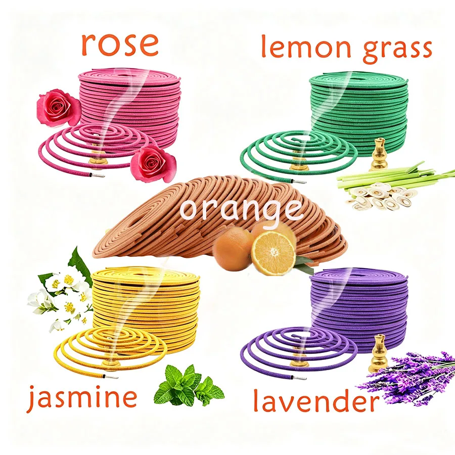 50/100pcs mixed scented coils, spiral shape, with scents of lemon, rose, jasmine, lavender, and orange, burn time 3-4 hours, with a subtle fragrance, suitable for home aromatherapy, outdoor activities, yoga, meditation, holiday parties, etc