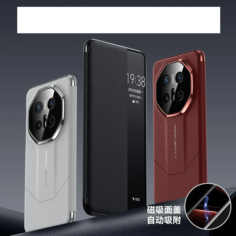 

Luxury Genuine Leather Cover For Huawei Mate 70 Pro Plus 70RS Mobile Smart View Windows Real Leather Phone Case