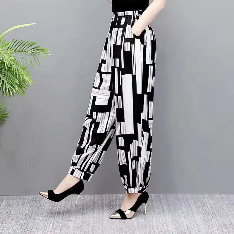 

Loose Ladies Printing Harem Summer Comfortable Oversized Women's Clothing 2024 Printing Straight Vintage Elastic Waist Pants