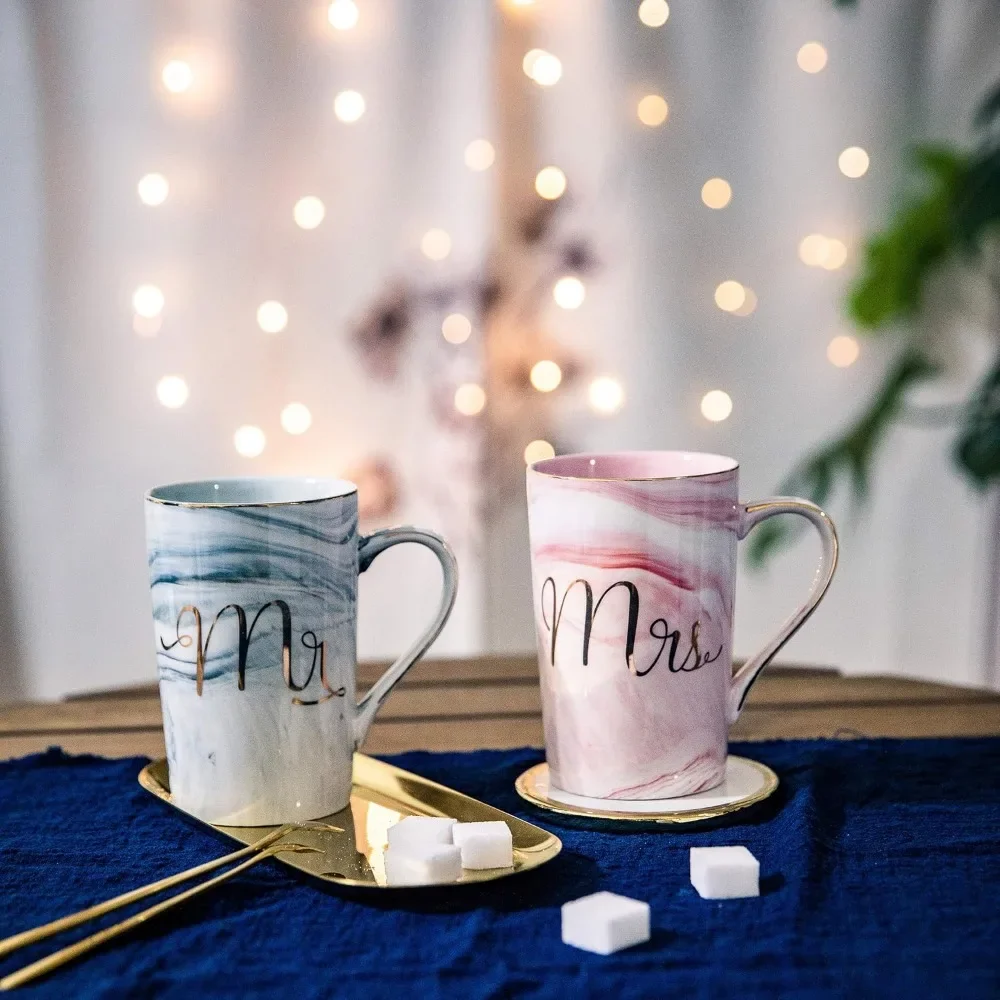 13.5oz Marble Ceramic Mug Mr and Mrs Coffee Cup Set for Bridal and Groom Wedding Anniversary Engagement Valentine\'s Day Gift Box