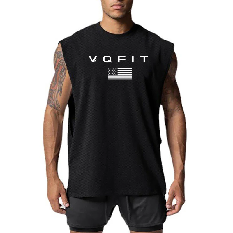 VQFIT American Flag Design Mens Gym Clothing Summer Loose Bodybuilding Fitness Tank Tops Quick Dry Oversized Training Jersey