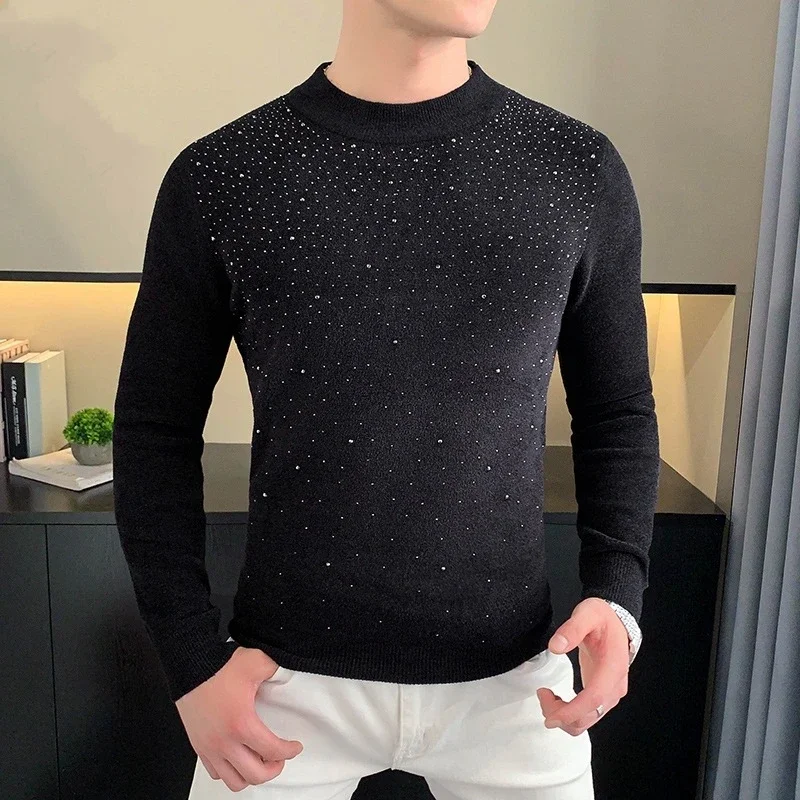 New Autumn Winter Rhinestone Velvet Sweaters High Quality Warm Comfortable Knitted Pullover Versatile Casual Business Sweater