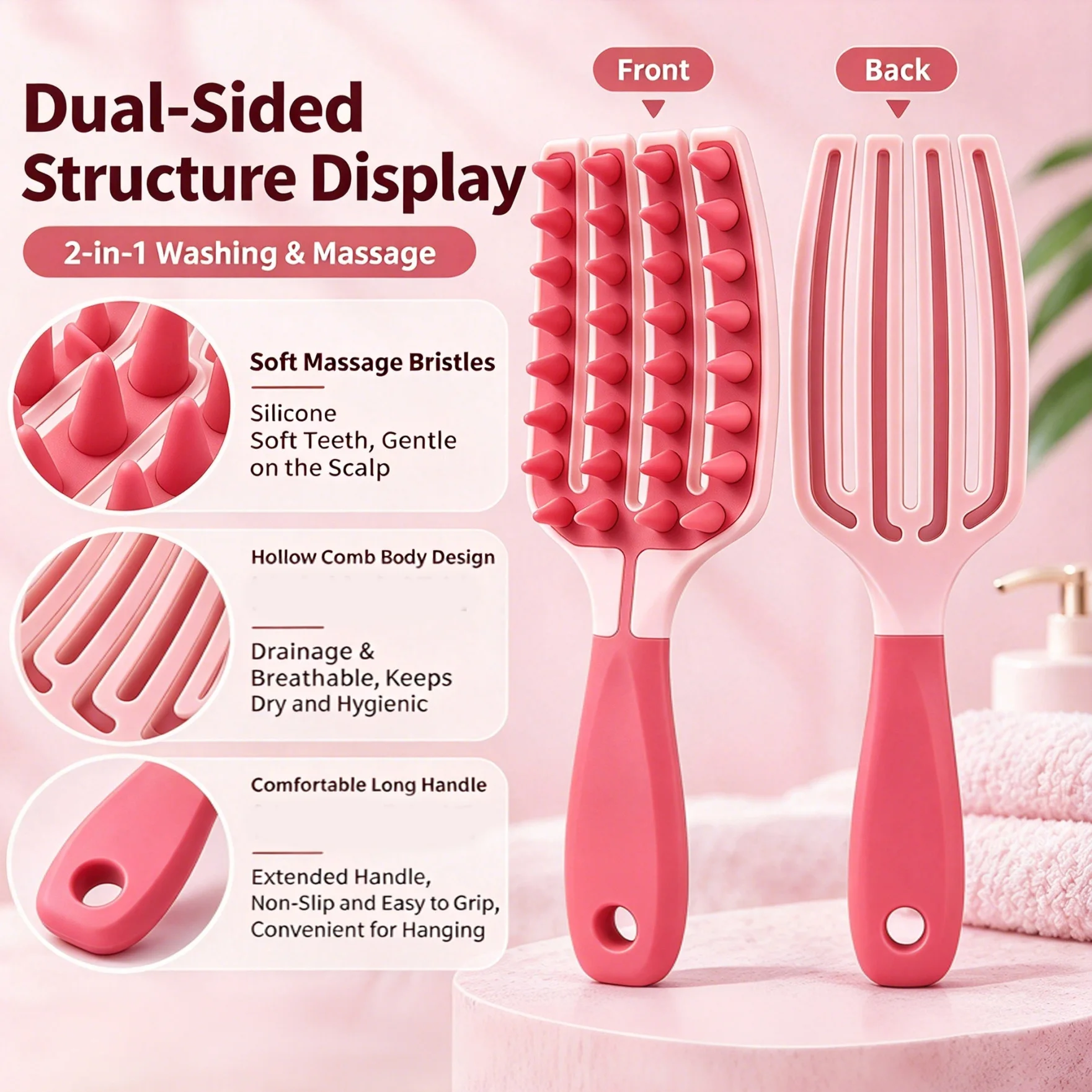 Long Handle Scalp Massage Shampoo Brush Soft Bristle Hair Scrubber Double Sided Hollow Detangler Comb Use for Shower Hair Clean
