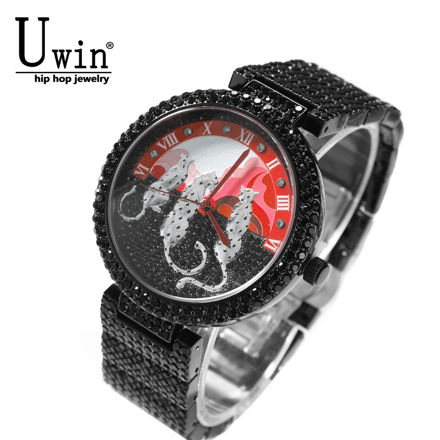Uwin Luxury HipHop Bling Rhinestone WristWatch Round Case 3D Cheetah Pattern Dial Roman Number Quartz Dress Watch For Men
