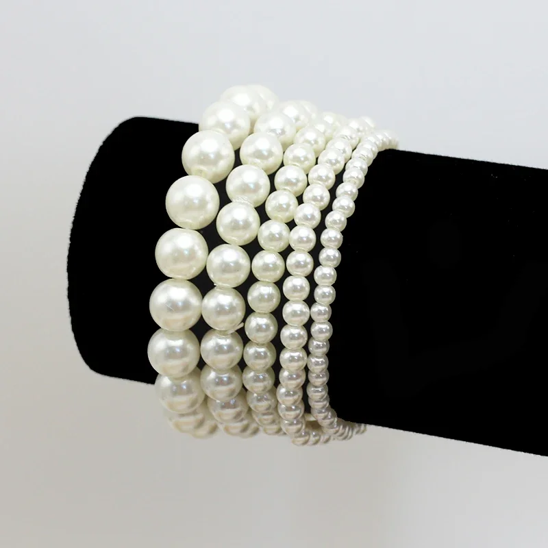 Trend 4-10mm Beige Imitation Pearl Beads Free Adjust Elastic Bracelet for Women Various Sizes Customizable Wedding Gift