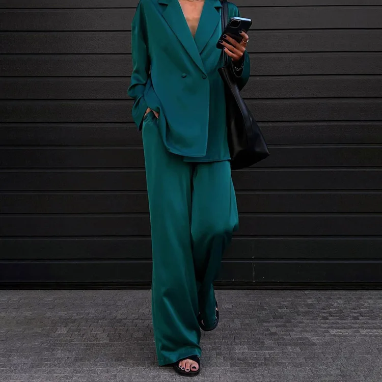 Elegant Green Satin Pants 2 Piece Sets Slweepwear for Women Casual Loose Pajamas Set Long Sleeve Wide Leg Trouser Suit Outifits