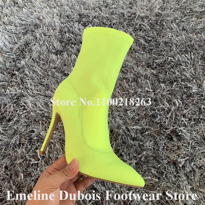 Neon Yellow Short Boots Emeline Dubois Pointed Toe Elastic Stiletto Heel Ankle Booties Zipper-up Banded High Heels Big Size