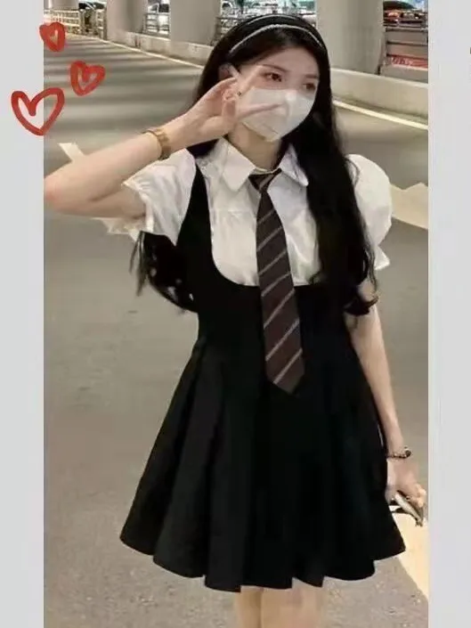 Hot Girl Bubble Sleeve Blouse Strap Skirt Set Black  Dress Student Summer Uniform Polyester Fiber Short Sleeve Shirt