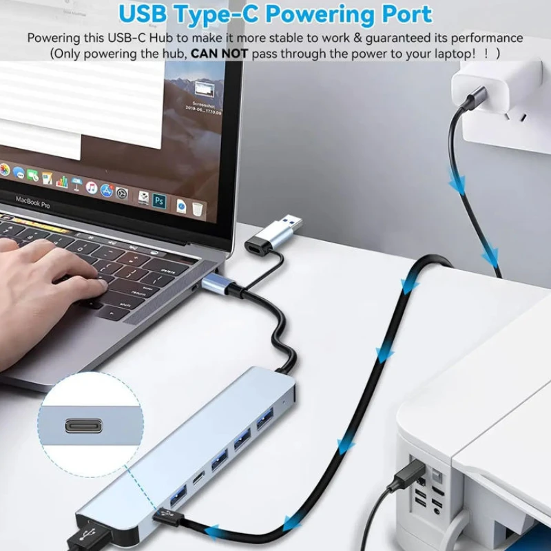 7/8Port USB C Hub Expander Multiport Adapter TypeC Splitter Dock USB3.0 Port for Xiaomi Phone Tablet Fast Data Transfer Charging
