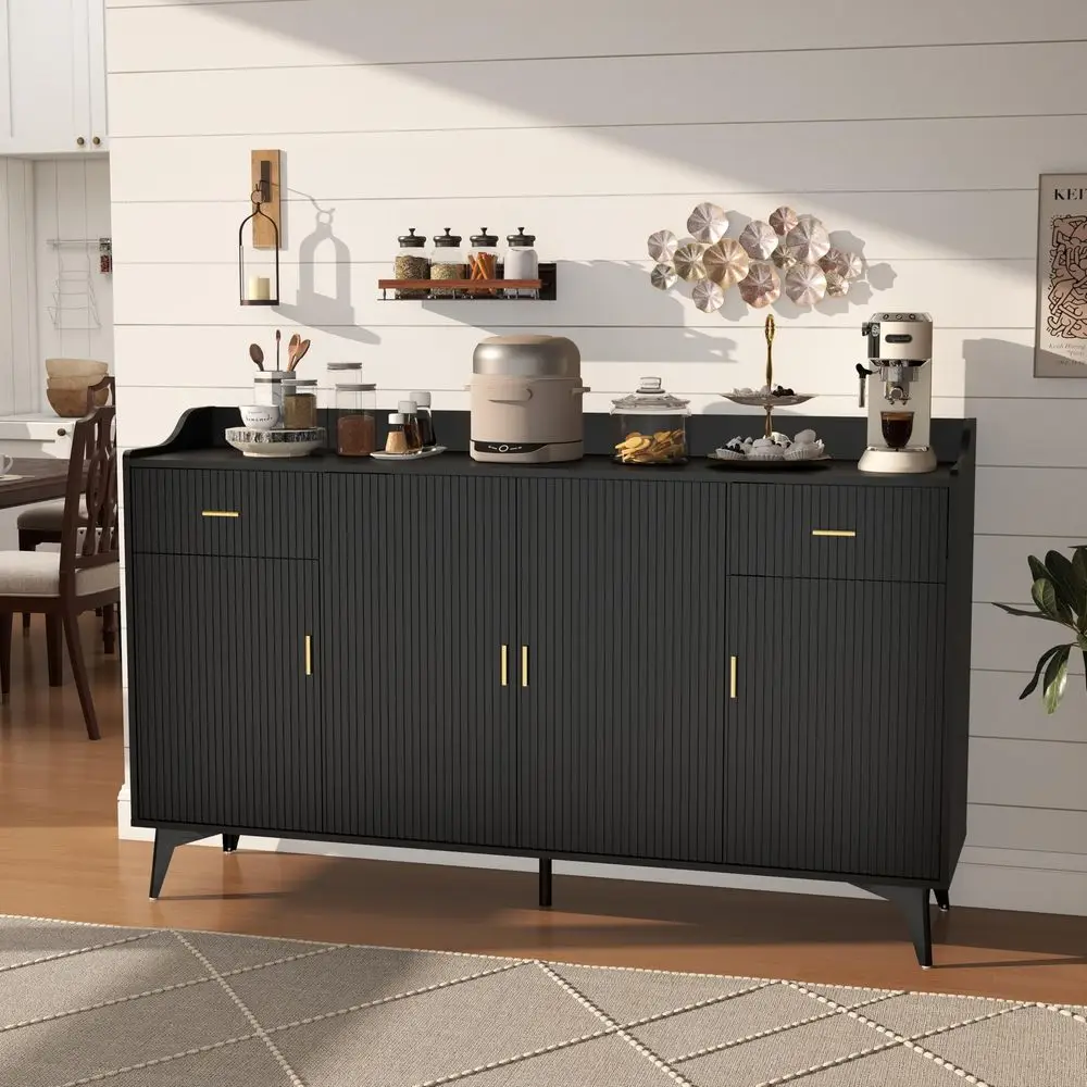 

Buffet Cabinet with Drawers 63 Black Fluted Sideboard Cabinet with Storage, Modern Kitchen Cabinets Storage, Credenzas for Livi