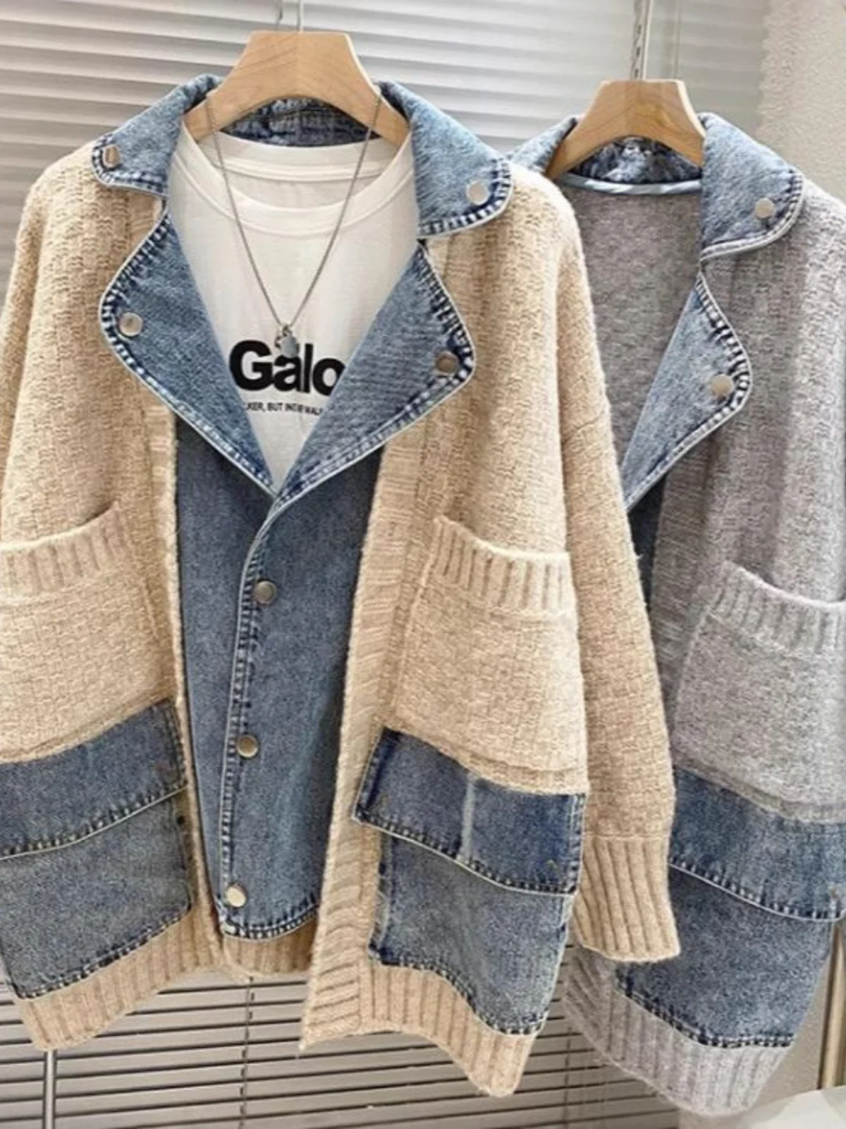 فضفاض الدنيم Jaet طوق المرقعة عادية الوقوف طوق الربط الجينز سترة مفتوحة طويلة Sve منتصف طول الشارع Sle