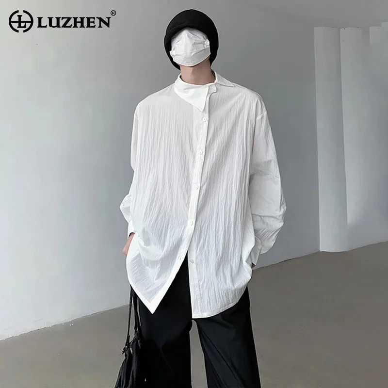 

LUZHEN Solid Color Asymmetric Collar Long Pleated Sleeved Design Shirts Niche Original Men's Korean Street Trendy Tops JY2460