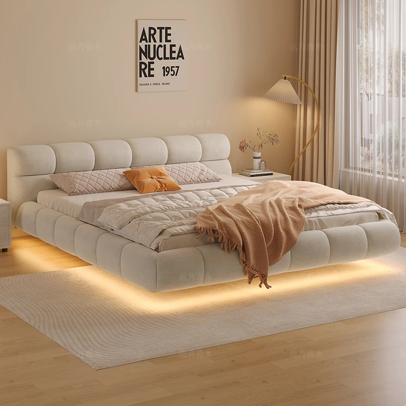 Cream Wind Puff Bed, Suspended Bed, Modern Minimalist Double Tech Fabric Bed, New Italian Bed