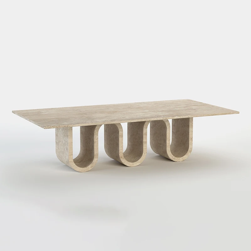 #Dream Home Travertine Dining Table Rectangular Top Triple U-Shaped Base Modern Home Dining Table