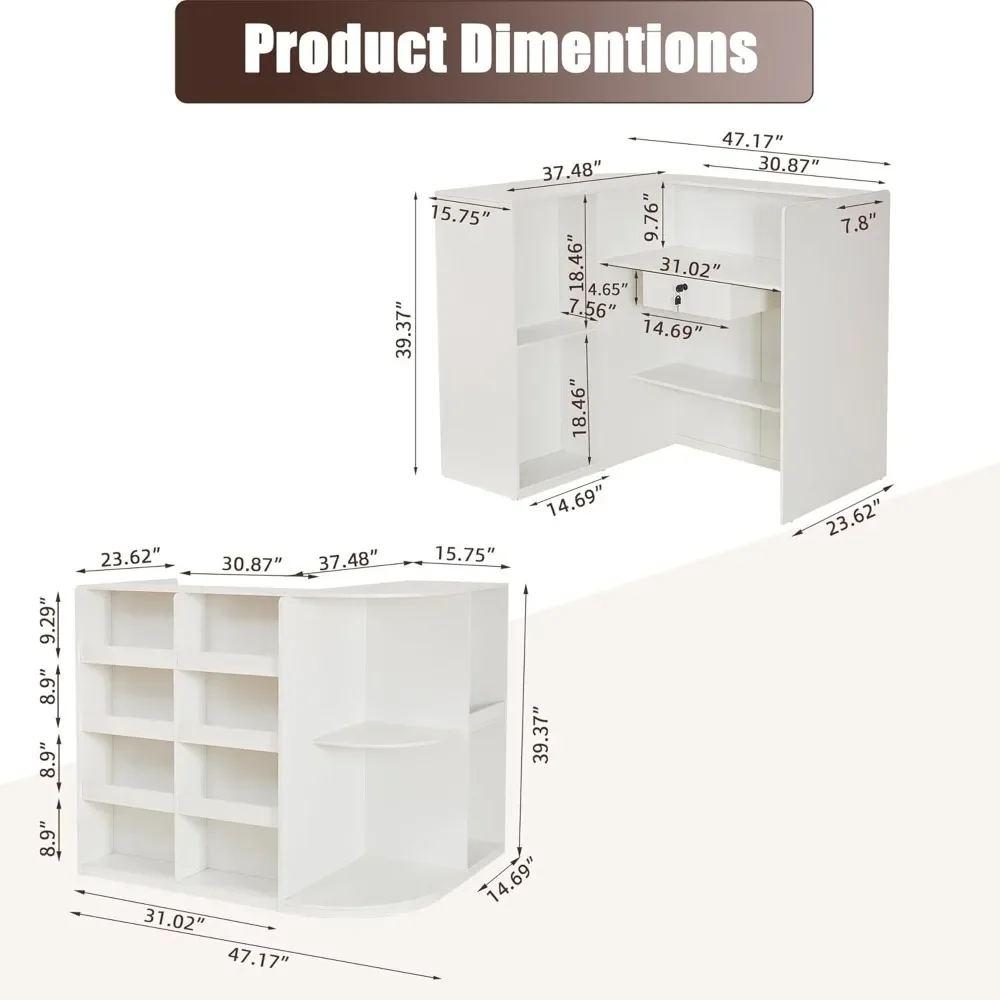 Retail Counter,L Shaped Reception Desk for Retail Stores,Modern Checkout Counter with Storage Cabinet, Lockable Drawer, Display