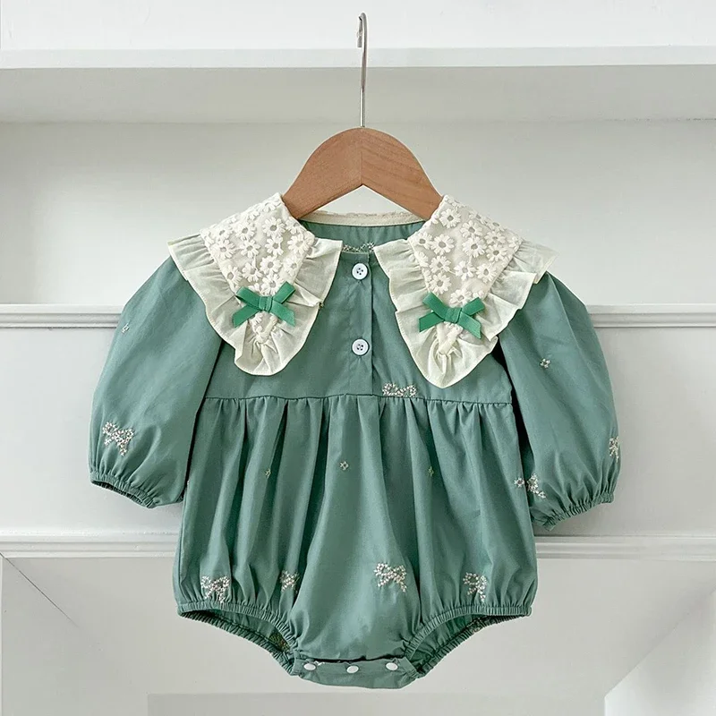 Newborn Clothes Kids Baby Girls Sweet Embroider Lace Collar Bow Princess Rompers Long Sleeve Autumn Infant Baby Girls Rompers