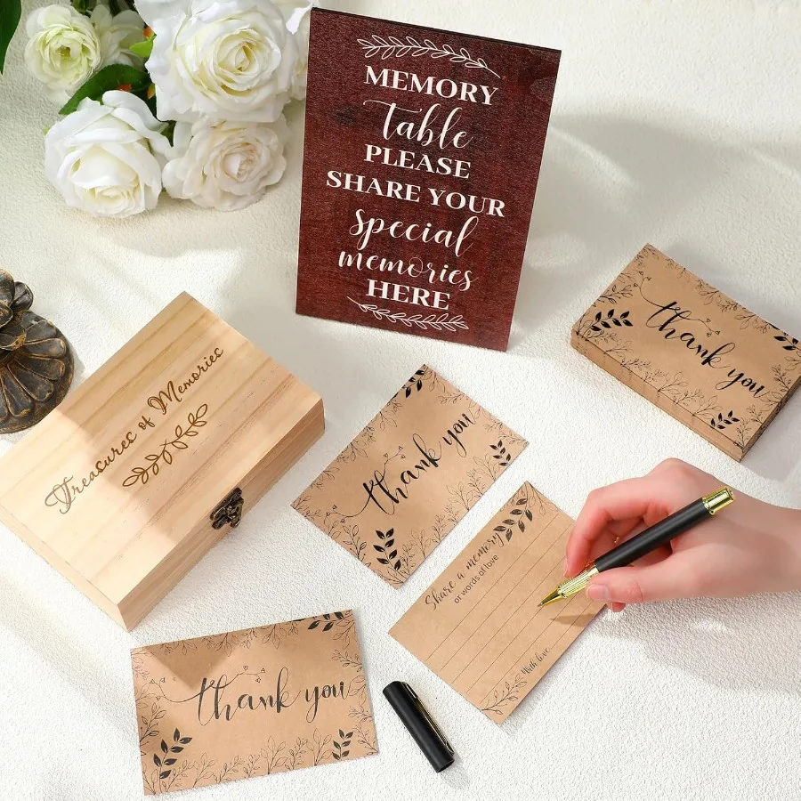 احتفال بطاقات الذاكرة للحياة، مشاركة صندوق خشبي للذاكرة، لافتة طاولة خشبية مع أقلام 60 قطعة، بطاقات تذكارية، إبقاء جنازة #2