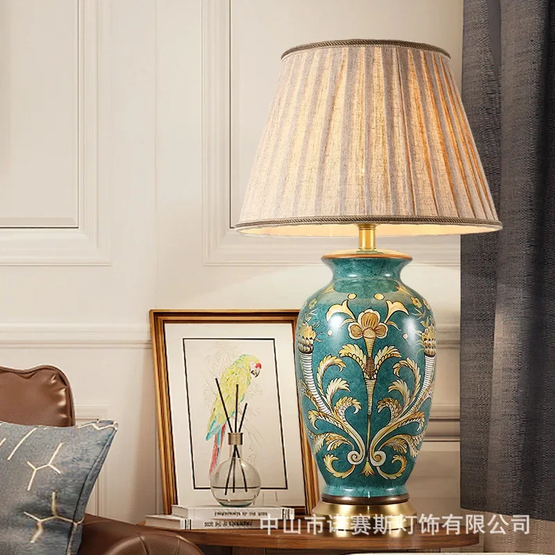 Copper Table Lamp American Style for Living Room Jingdezhen Ceramic Lamp Luxury Bedroom Bedside Decorated LED Lamp