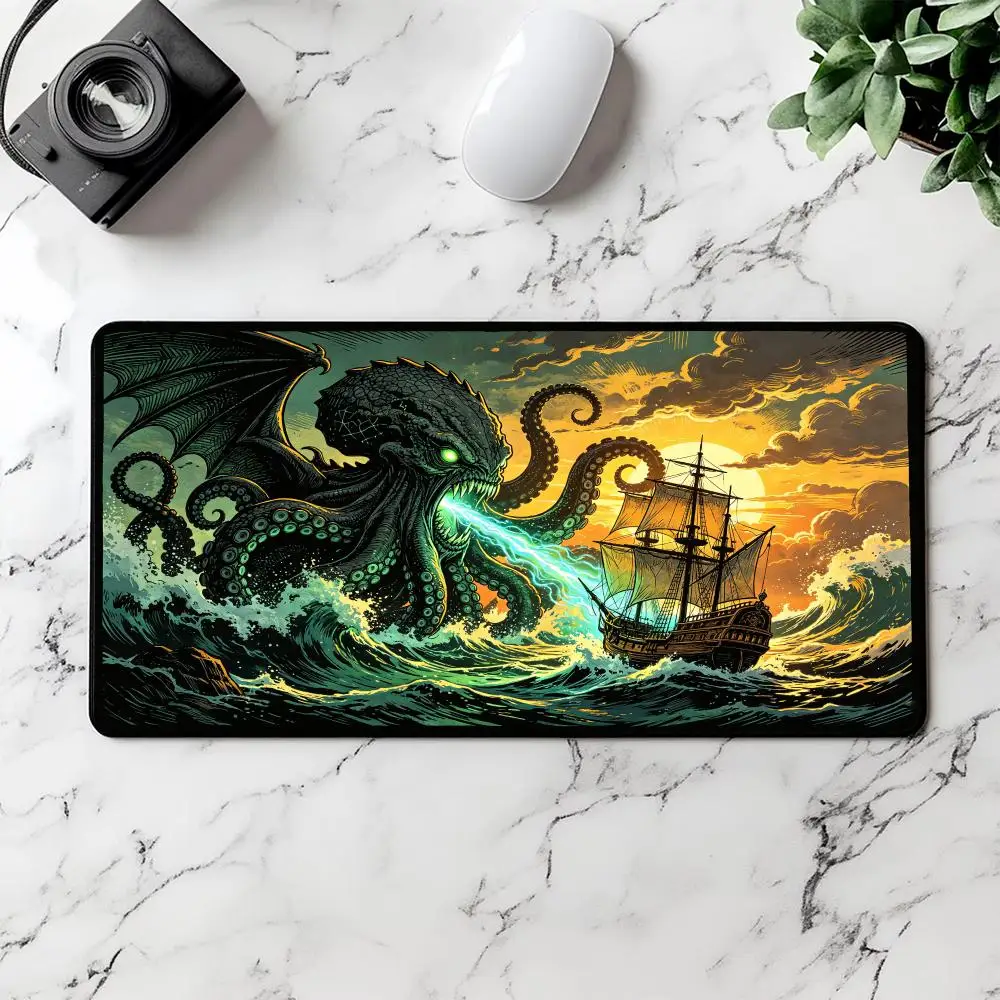 Winged Cthulhu Monster Gaming Desk Mat Old Ship Sunset Ocean Art Premium Rubber TCG Playmat Decor Gift for Gamers