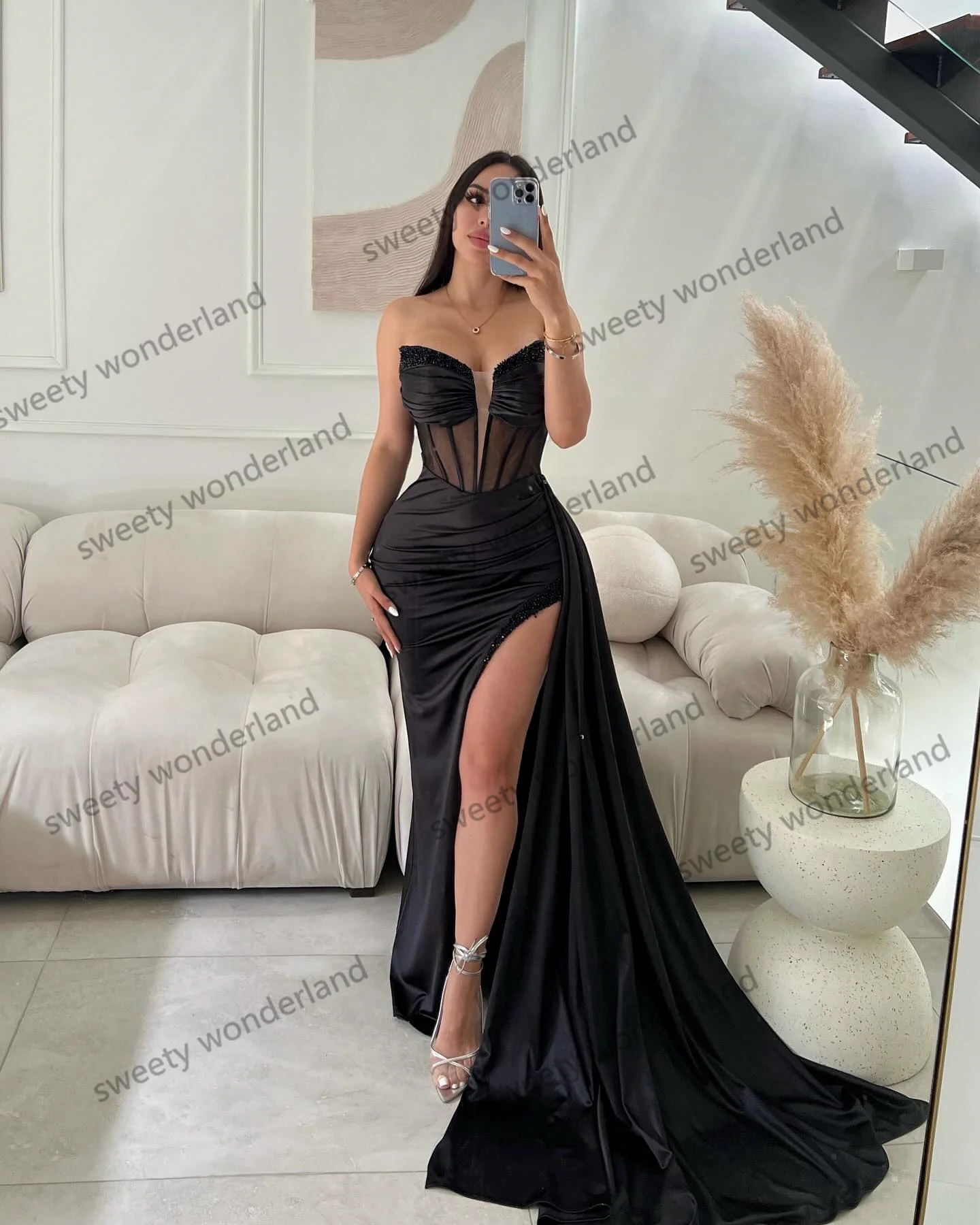 Customized Sweet Evening Dresses Women Bustier Corset Pageant Party Gowns Side Slit Beaded Vestido De Novia